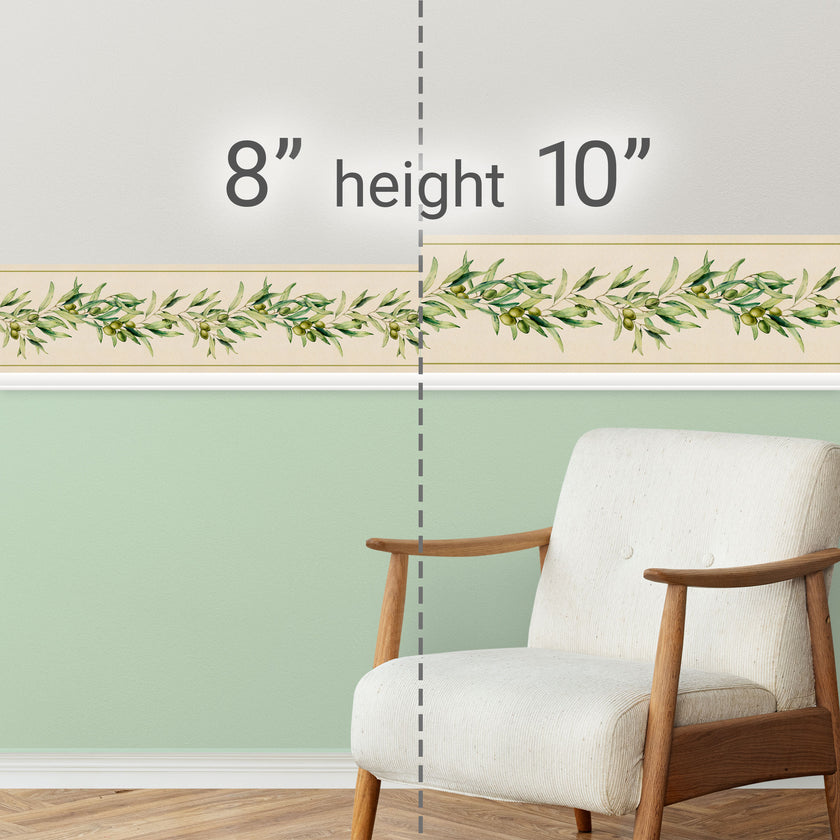 GB50140 Olive Branch Peel and Stick Wallpaper Border 10in Height x 15ft Long, Beige Green
