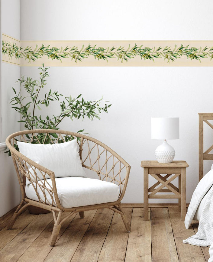 GB50140 Grace & Gardenia Olive Branch Peel and Stick Wallpaper Border 10in or 8in Height x 15ft Long, Beige Green