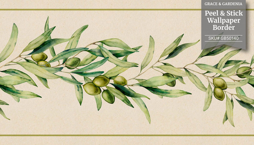 GB50140 Olive Branch Peel and Stick Wallpaper Border 10in Height x 15ft Long, Beige Green