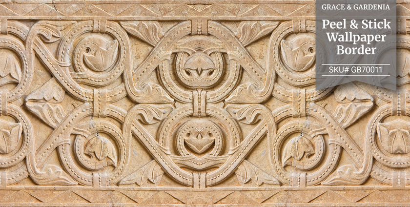GB70011g8 Carved Ornamental Stone Peel and Stick Wallpaper Border 8in Height x 15ft Long, Beige Cream