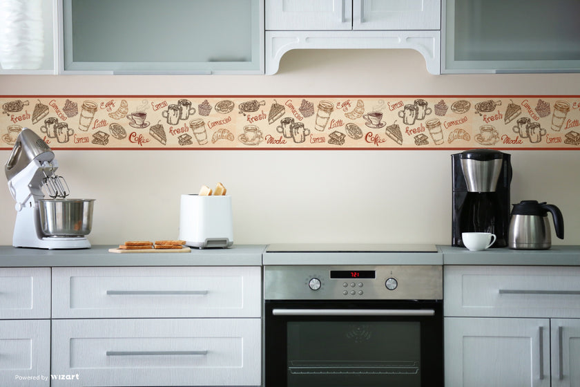 GB80011g8 Coffee Illustrations Peel and Stick Wallpaper Border 8in Height x 15ft Beige Brown Burgundy