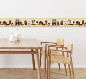 GB80021 Coffee Items Peel and Stick Wallpaper Border 10in Height x 15ft Yellow Orange Burgundy