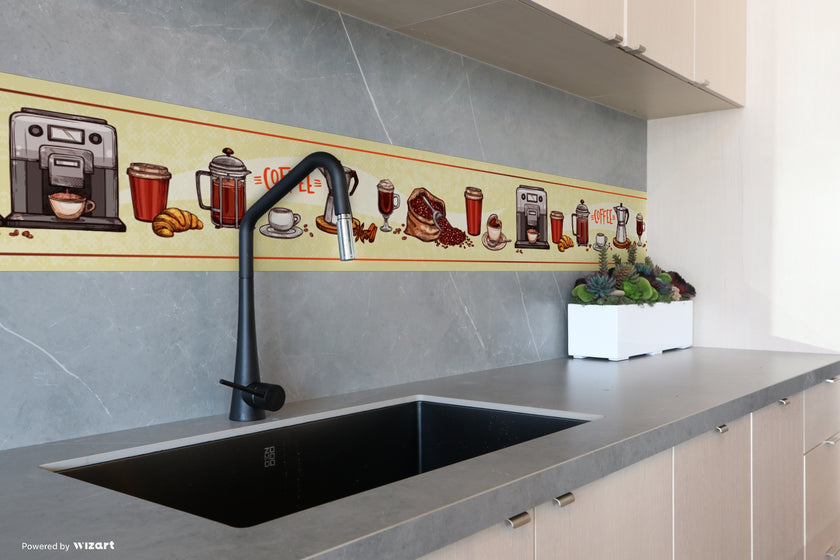 GB80021 Coffee Items Peel and Stick Wallpaper Border 10in Height x 15ft Yellow Orange Burgundy