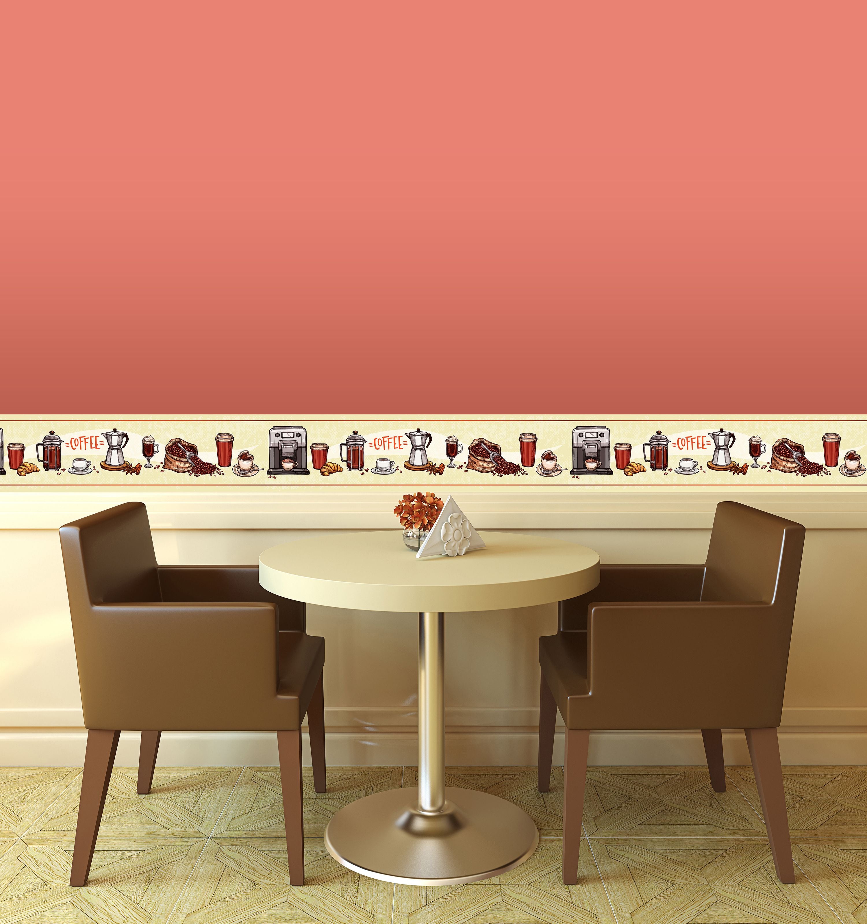 GB80021 Coffee Items Peel and Stick Wallpaper Border 10in Height x 18ft Yellow/Orange/Burgundy