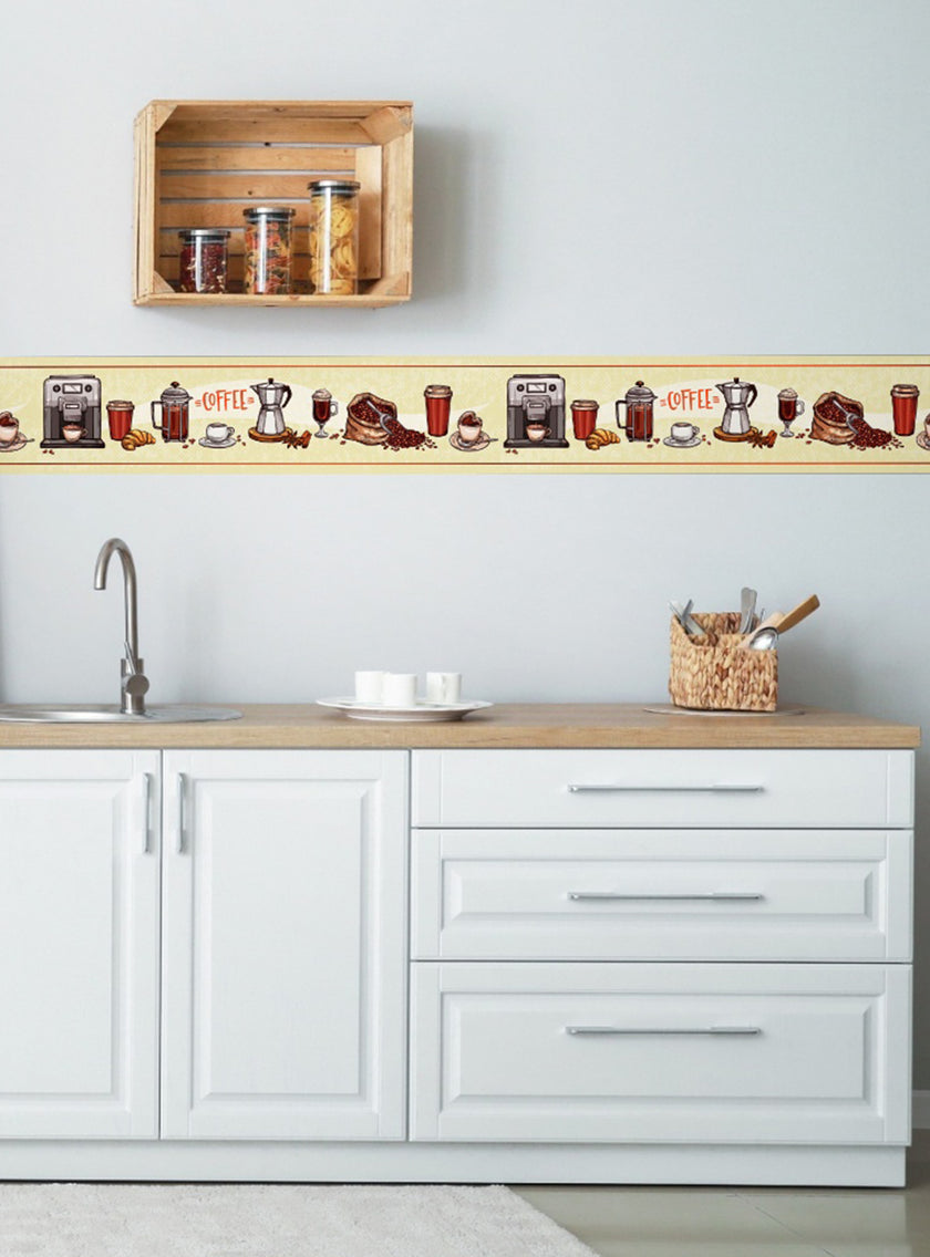 GB80021 Coffee Items Peel and Stick Wallpaper Border 10in Height x 15ft Yellow Orange Burgundy