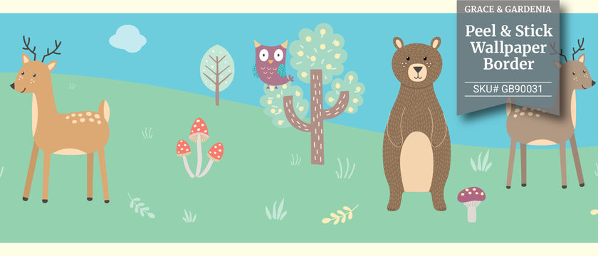 GB90031g8 Forest Animals Peel and Stick Wallpaper Border 8in Height x 15ft Long Blue Green Tan