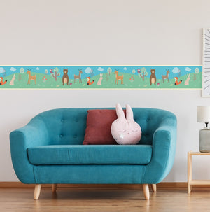 GB90031g8 Forest Animals Peel and Stick Wallpaper Border 8in Height x 15ft Long Blue Green Tan