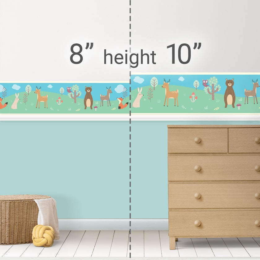 GB90031g8 Forest Animals Peel and Stick Wallpaper Border 8in Height x 15ft Long Blue Green Tan