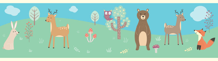 GB90031 Forest Animals Peel and Stick Wallpaper Border 10in Height x 15ft Long Blue Green Tan
