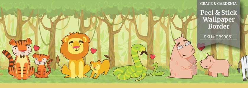 GB90051g8 Jungle Animals Peel and Stick Wallpaper Border 8in Height x 15ft Long Green Yellow Brown