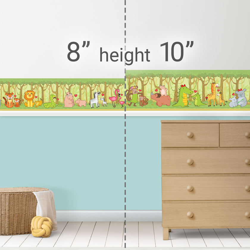 GB90051g8 Jungle Animals Peel and Stick Wallpaper Border 8in Height x 15ft Long Green Yellow Brown