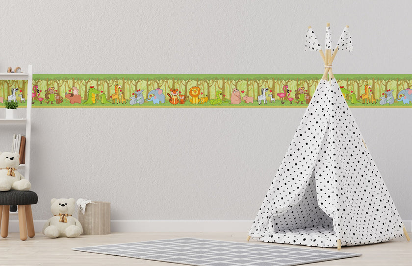 GB90051g8 Jungle Animals Peel and Stick Wallpaper Border 8in Height x 15ft Long Green Yellow Brown