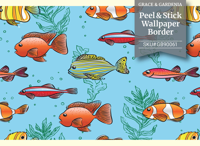 GB90061 Cartoon Fish Peel and Stick Wallpaper Border 10in Height x 15ft Long Blue Green Orange