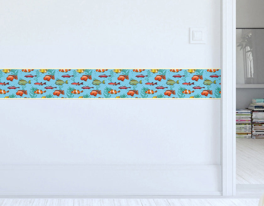 GB90061 Cartoon Fish Peel and Stick Wallpaper Border 10in Height x 15ft Long Blue Green Orange