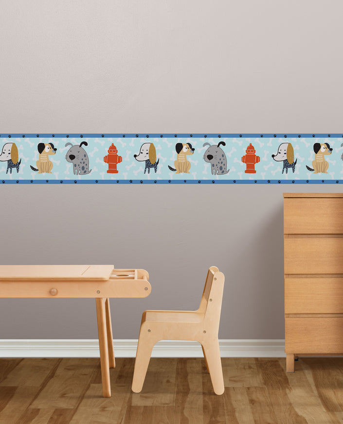 GB90091g8 Cartoon Dogs Bones & Paws Peel and Stick Wallpaper Border 8in Height x 15ft Blue Beige Gray Black