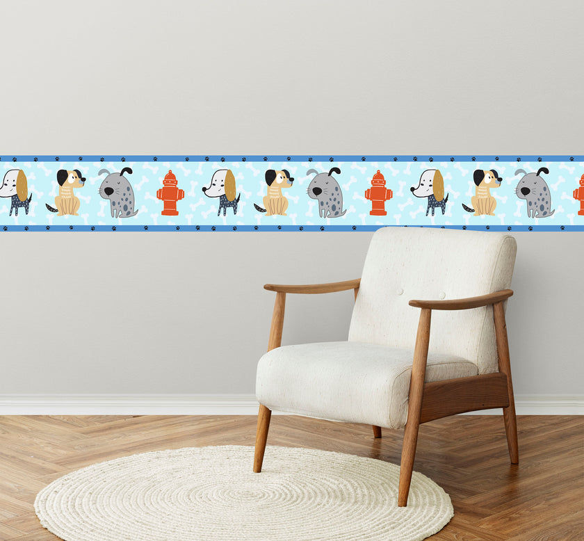 GB90091g8 Cartoon Dogs Bones & Paws Peel and Stick Wallpaper Border 8in Height x 15ft Blue Beige Gray Black