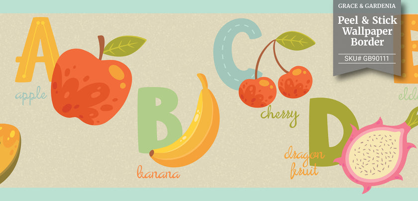 GB90111g8  Fruit Alphabet Peel and Stick Wallpaper Border 8in Height x 15ft Long, Cream Blue Orange Yellow Green
