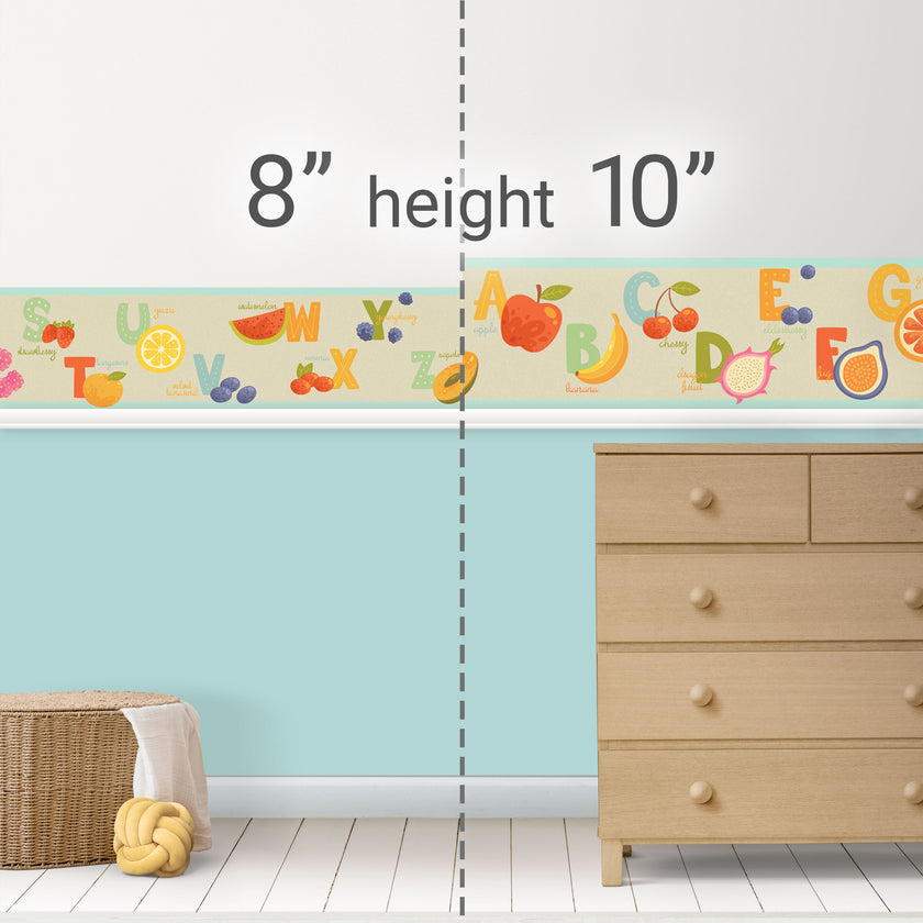 GB90111g8  Fruit Alphabet Peel and Stick Wallpaper Border 8in Height x 15ft Long, Cream Blue Orange Yellow Green