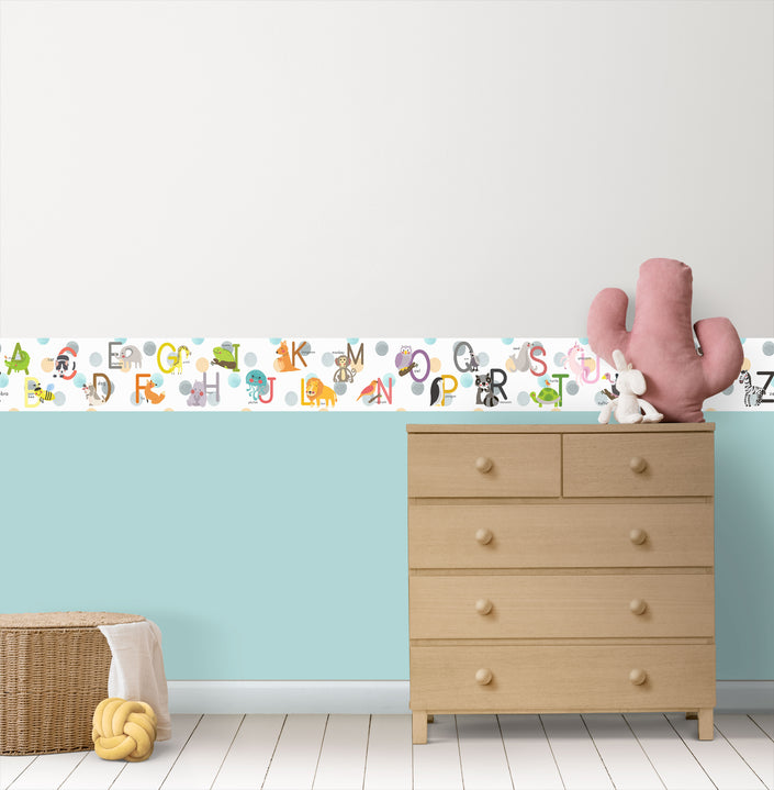 GB90121 Animal Alphabet Peel and Stick Wallpaper Border 10in Height x 15ft Long, White Blue Gray Green
