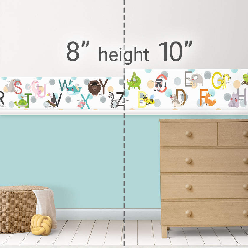 GB90121g8 Animal Alphabet Peel and Stick Wallpaper Border 8in Height x 15ft Long, White Blue Gray Green