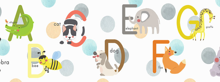 GB90121 Animal Alphabet Peel and Stick Wallpaper Border 10in Height x 15ft Long, White Blue Gray Green