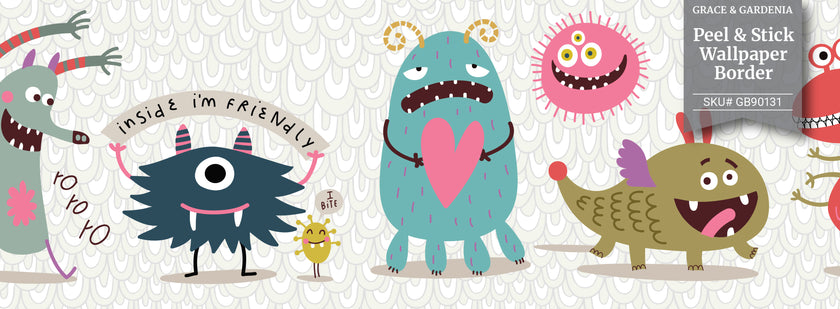 GB90131 Cuddly Monsters Peel and Stick Wallpaper Border 10in Height x 15ft Long, White Gray Blue Pink