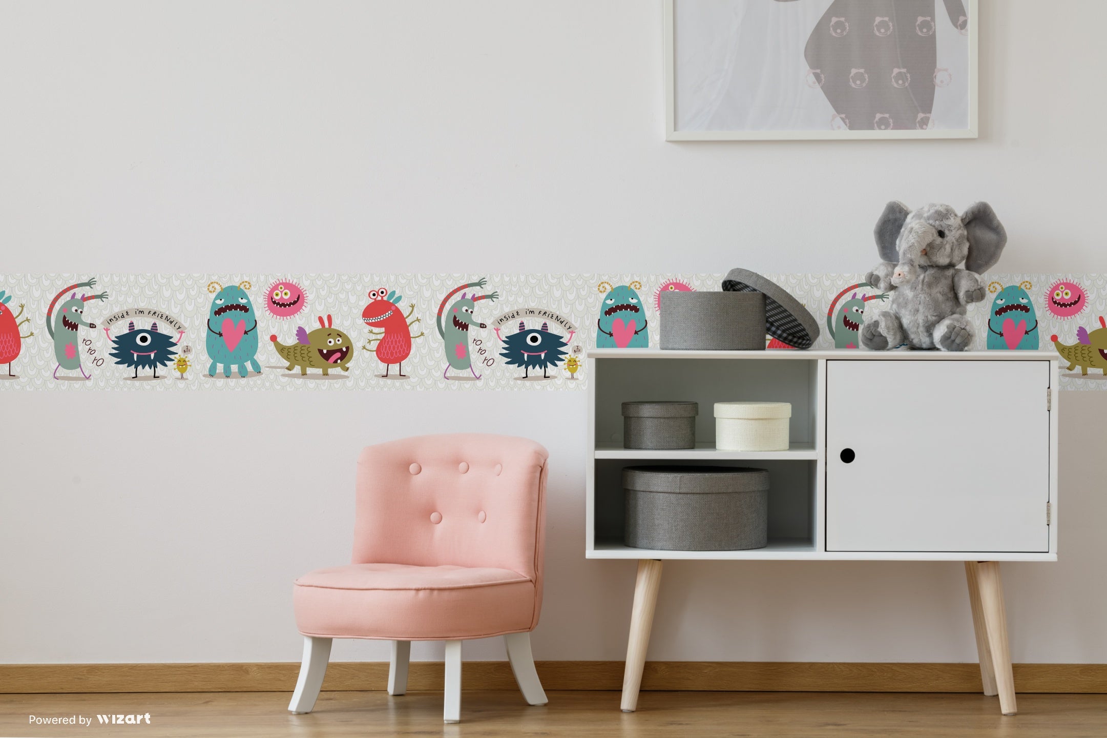 GB90131g8 Cuddly Monsters Peel and Stick Wallpaper Border 8in Height x 18ft Long, White Gray Blue Pink