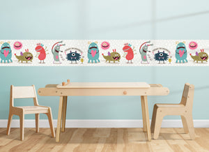 GB90131g8 Cuddly Monsters Peel and Stick Wallpaper Border 8in Height x 15ft Long, White Gray Blue Pink