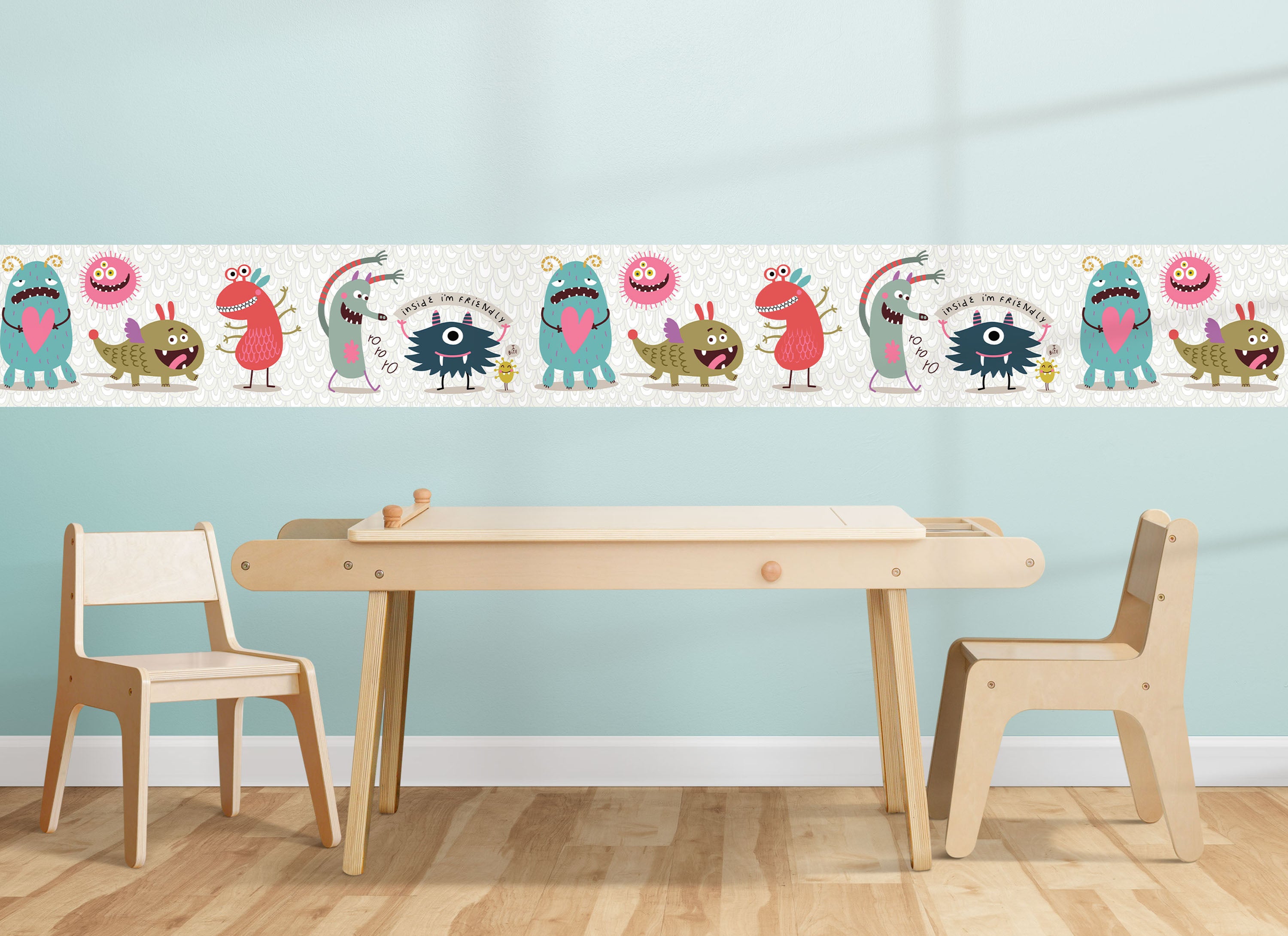 GB90131 Grace & Gardenia Cuddly Monsters Peel and Stick Wallpaper Border 10in Height x 18ft Long, White Gray Blue Pink