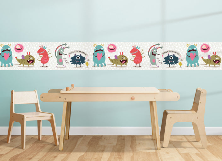 GB90131 Cuddly Monsters Peel and Stick Wallpaper Border 10in Height x 15ft Long, White Gray Blue Pink