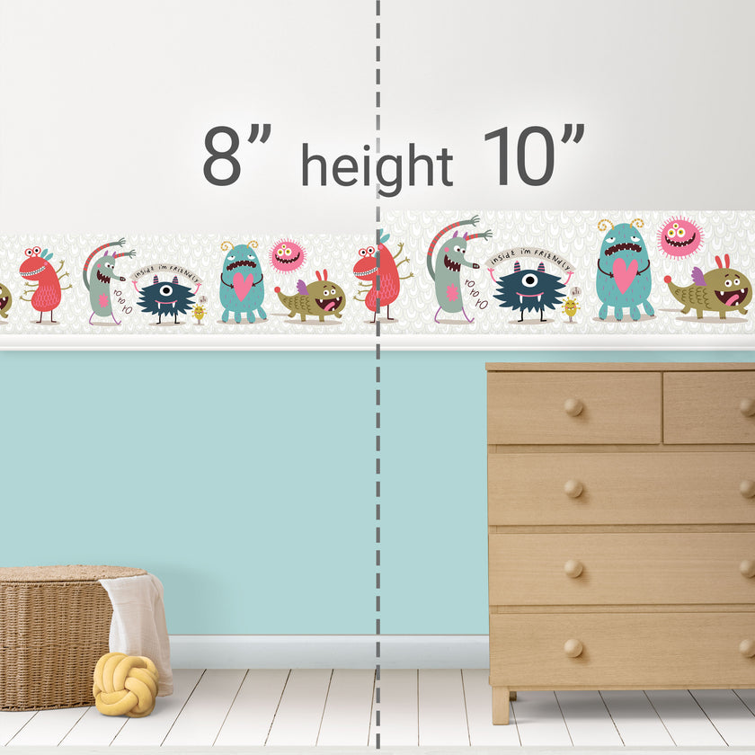 GB90131g8 Cuddly Monsters Peel and Stick Wallpaper Border 8in Height x 15ft Long, White Gray Blue Pink