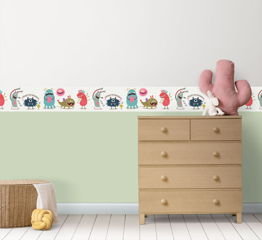 GB90131g8 Cuddly Monsters Peel and Stick Wallpaper Border 8in Height x 15ft Long, White Gray Blue Pink