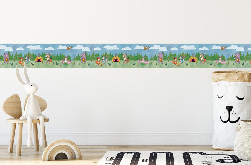 GB90140g8 Grace & Gardenia Camping Animals Peel and Stick Wallpaper Border 8in Height x 15ft Long, Blue Green Yellow Brown
