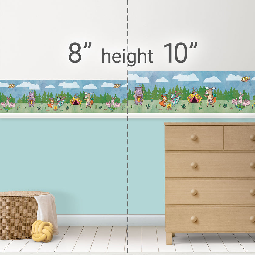 GB90140 Camping Animals Peel and Stick Wallpaper Border 10in Height x 15ft Long, Blue Green Yellow Brown