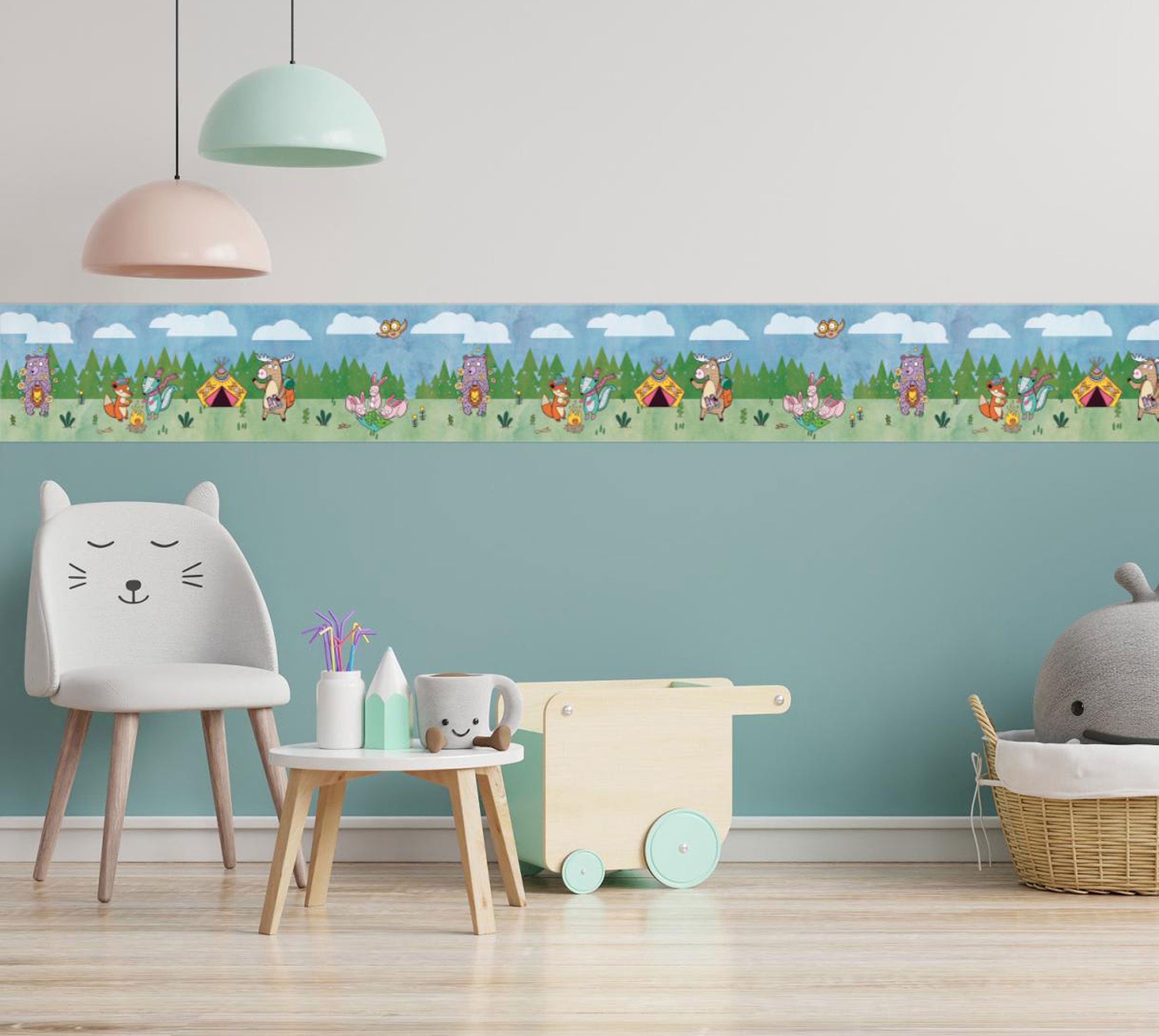 GB90140 Grace & Gardenia Camping Animals Peel and Stick Wallpaper Border 10in or 8in Height x 15ft Long, Blue Green Yellow Brown