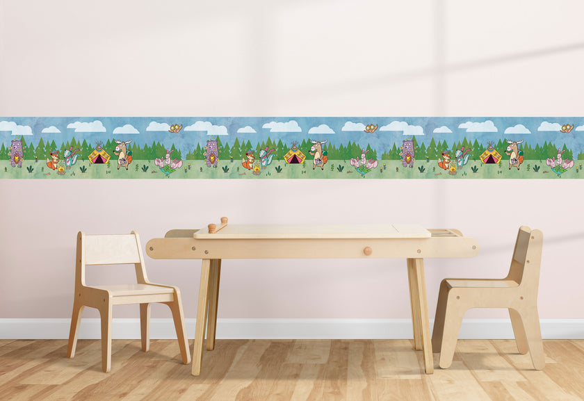 GB90140g8 Grace & Gardenia Camping Animals Peel and Stick Wallpaper Border 8in Height x 15ft Long, Blue Green Yellow Brown