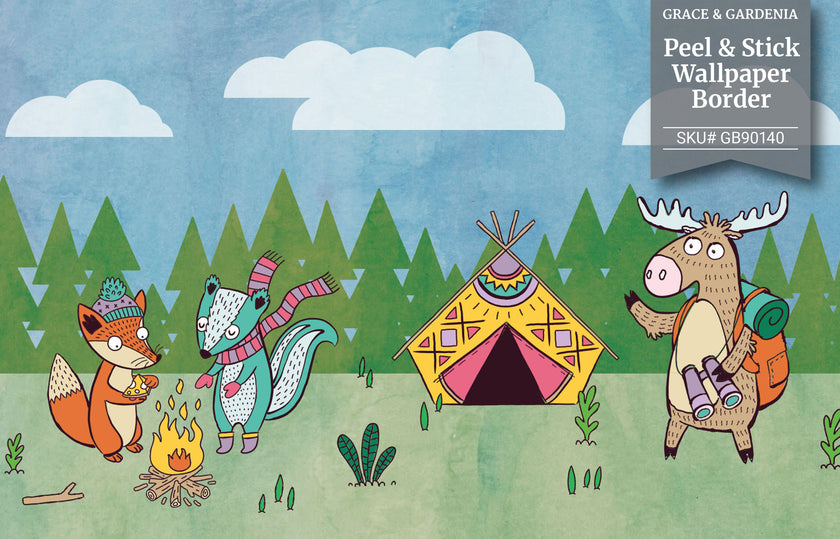 GB90140 Camping Animals Peel and Stick Wallpaper Border 10in Height x 15ft Long, Blue Green Yellow Brown