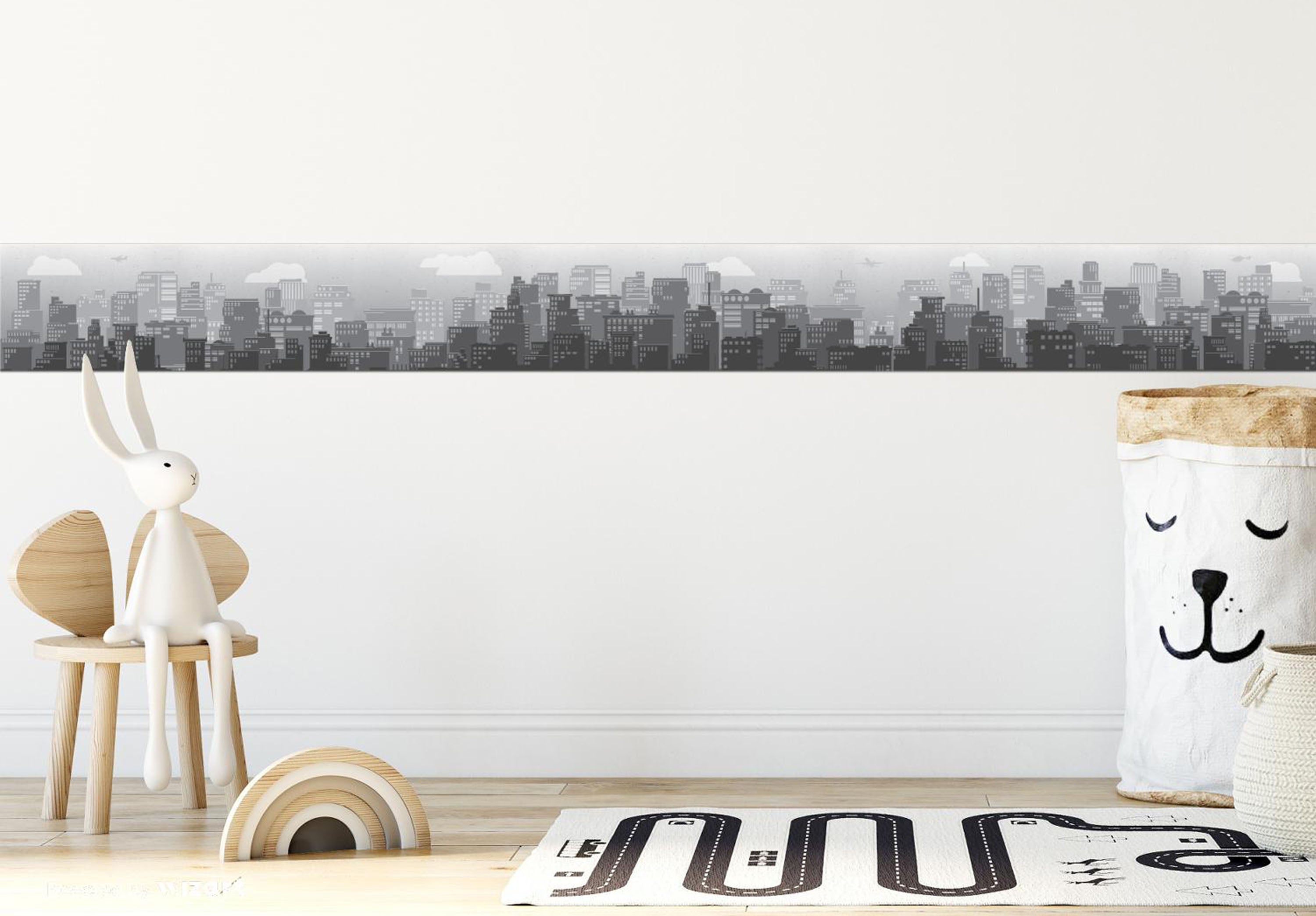 GB90150g8 Grace & Gardenia City Skyline Peel and Stick Wallpaper Border 8in Height x 18ft Long, Gray White