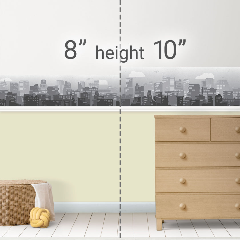 GB90150 City Skyline Peel and Stick Wallpaper Border 10in Height x 15ft Long, Gray White