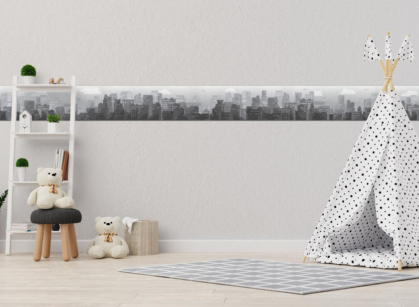 GB90150 City Skyline Peel and Stick Wallpaper Border 10in Height x 15ft Long, Gray White