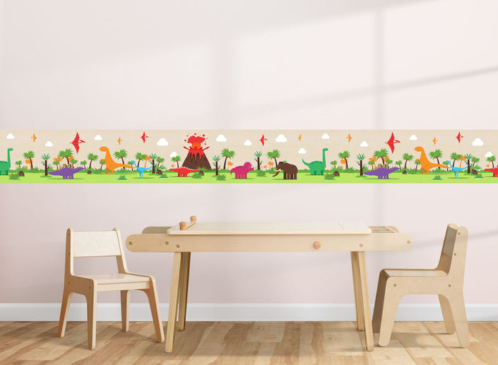 GB90160g8 Colorful Dinosaurs Peel and Stick Wallpaper Border 8in Height x 15ft Long, Green Beige Orange Red