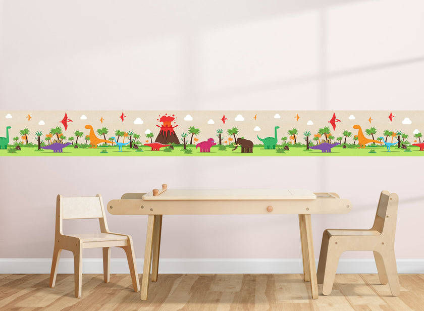 GB90160 Colorful Dinosaurs Peel and Stick Wallpaper Border 10in or 8in Height x 15ft Long, Green Beige Orange Red