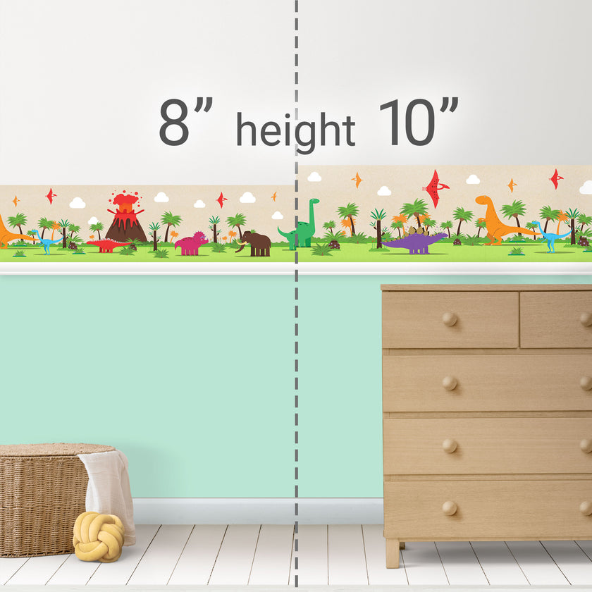 GB90160 Colorful Dinosaurs Peel and Stick Wallpaper Border 10in or 8in Height x 15ft Long, Green Beige Orange Red
