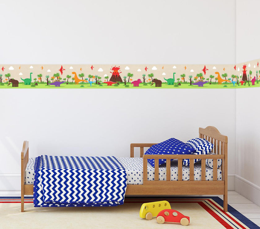 GB90160g8 Colorful Dinosaurs Peel and Stick Wallpaper Border 8in Height x 15ft Long, Green Beige Orange Red