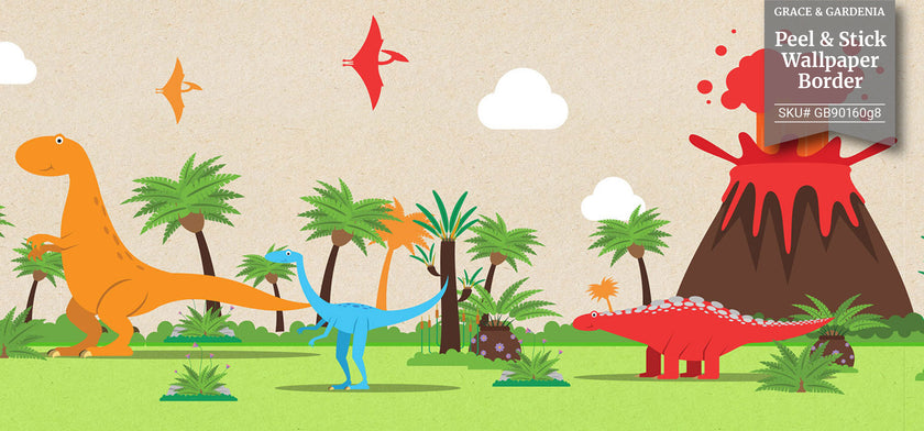 GB90160 Colorful Dinosaurs Peel and Stick Wallpaper Border 10in Height x 15ft Long, Green Beige Orange Red
