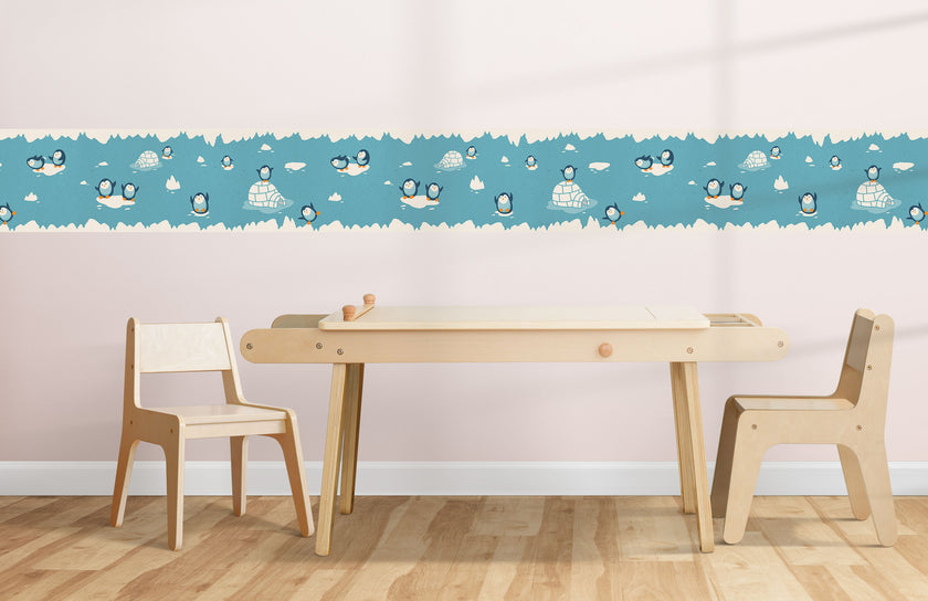 GB90170 Playful Penguins Peel and Stick Wallpaper Border 10in Height x 15ft Long, Blue Beige Orange