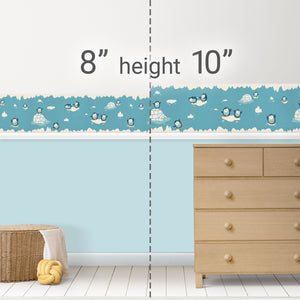 GB90170 Playful Penguins Peel and Stick Wallpaper Border 10in or 8in Height x 15ft Long, Blue Beige Orange
