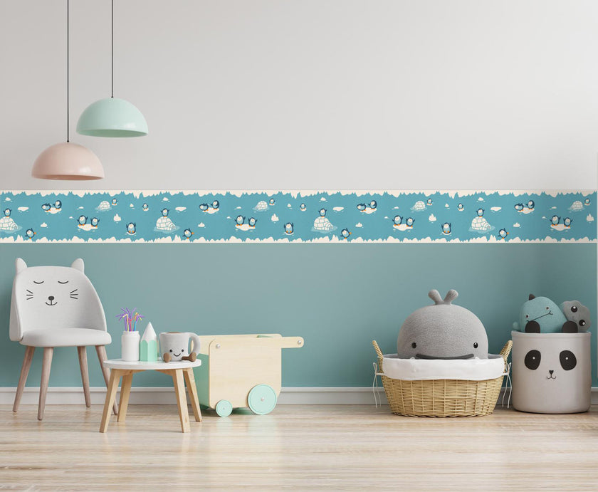 GB90170 Playful Penguins Peel and Stick Wallpaper Border 10in or 8in Height x 15ft Long, Blue Beige Orange