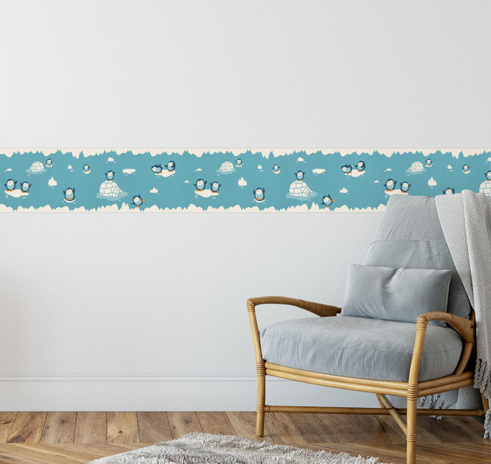 GB90170 Playful Penguins Peel and Stick Wallpaper Border 10in Height x 15ft Long, Blue Beige Orange