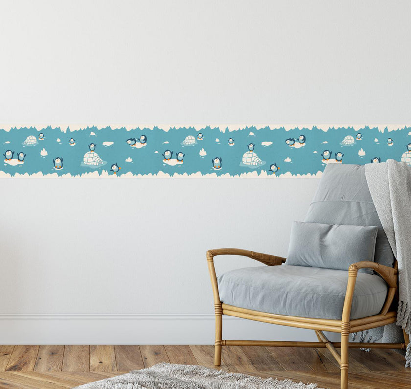GB90170 Playful Penguins Peel and Stick Wallpaper Border 10in Height x 15ft Long, Blue Beige Orange